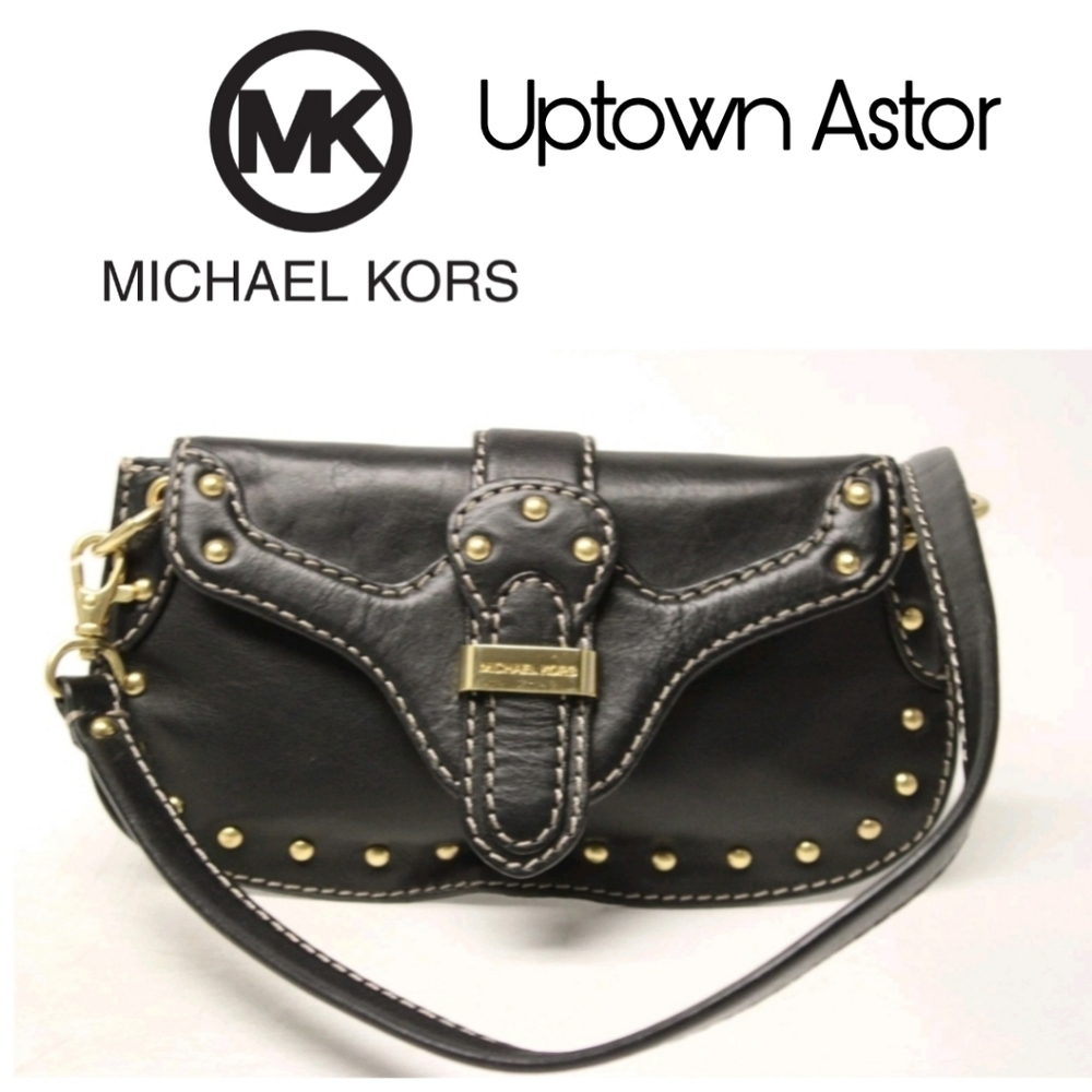 Michael Kors Uptown Astor Petite Black Studded Leather Shoulder Bag Moto Style